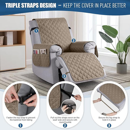 TAOCOCO 100% Waterproof Recliner Covers, Recliner Sofa Covers with Leg Straps, Reversible Recliner Couch Cover for Reclining Chair, Washable Couch Protector for Pets Kids(1 Seater 22", Khaki)