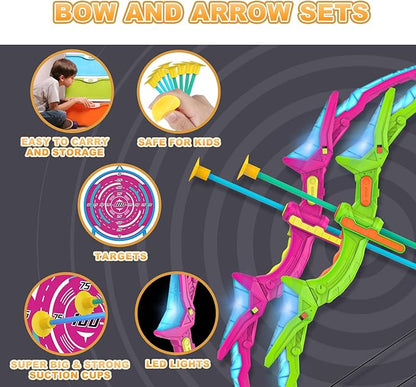 2 Pack Kids Bow and Arrow Set with LED Flash Lights, 14 Suction Cup Arrows and Standing Target-Perfect Indoor and Outdoor Archery Set Toy Gift for Boys and Girls Ages 4-12