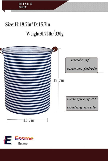 ESSME 2pack Kids Laundry Hamper,Boys laundry basket,Collapsible Bule storage basket with Waterproof PE Coating,Canvas Fabric Nursery Hamper for Kids Room Decor,Toy storage,Gift,Baby Clothing.(2pack Navy Blue stripes)