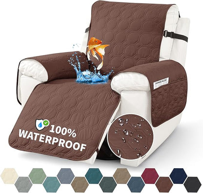 XINEAGE 100% Waterproof Recliner Chair Cover, Non Slip Covers for Recliner Chair with Pocket, Washable Dog Recliner Couch Cover with Elastic Straps (Coffee, 30")