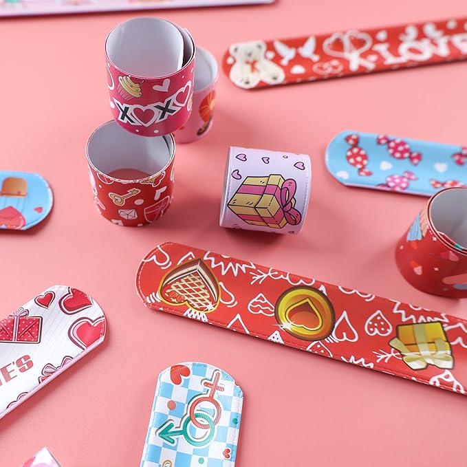 MCPINKY 64PCS Valentines Day Slap Bracelets, Slap Wristbands Assorted Red Valentines Day Snap Bands for Valentine's Day Party Favors Kids Class Rewards