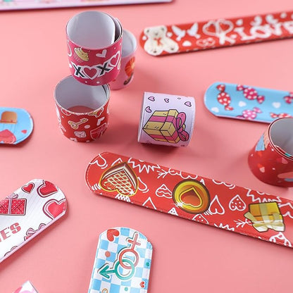 MCPINKY 64PCS Valentines Day Slap Bracelets, Slap Wristbands Assorted Red Valentines Day Snap Bands for Valentine's Day Party Favors Kids Class Rewards