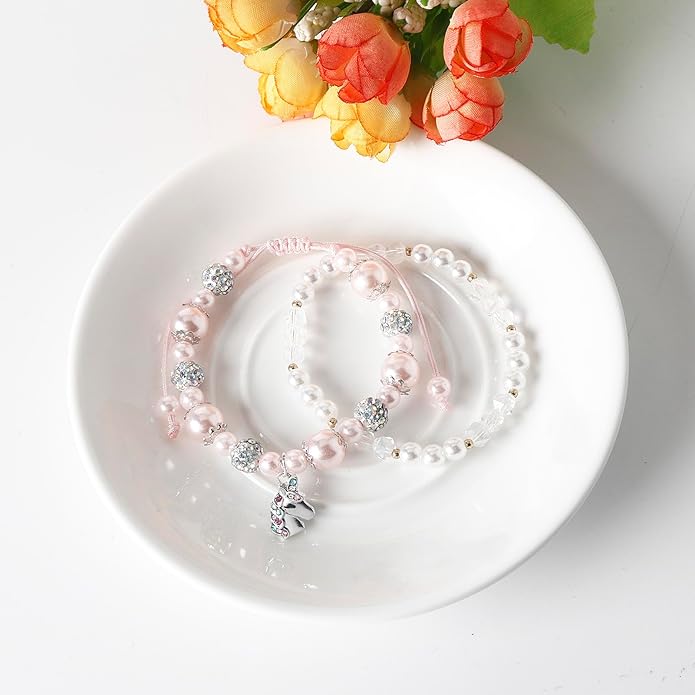 DS 4PCS Beaded Charm Bracelets for Teen Girls Dainty cute cartoon Crystal Beads Pearl Bracelets anklets set for woman and girls Adjustable Stretch bracelet birthday Gift For Friends