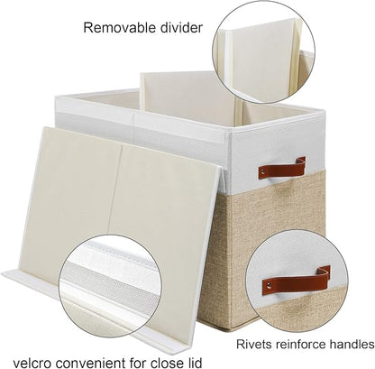 Gowee Large Toy Storage Box with Lid, Sturdy Toys Storage Chest Bin Organizer Basket with Dividers for Kids, Boys, Girls, Nursery, Closet, Bedroom, Playroom 25"x13" x16" (Beige and White)