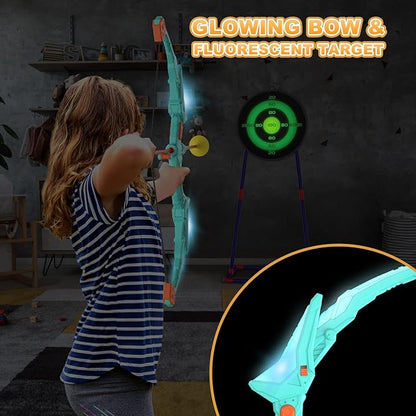 2 Pack Kids Bow and Arrow Set with LED Flash Lights, 14 Suction Cup Arrows and Fluorescence Standing Target-Perfect Indoor and Outdoor Archery Set Toy Gift for Boys and Girls Ages 4-12