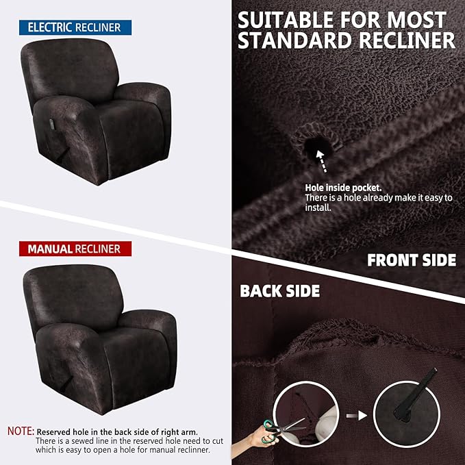 molasofa Recliner Chair Covers - 4 Pieces Leather Like Large Recliner Chair Covers with Pocket Waterproof Non Slip Stretch Recliner Slipcover for Lazy Boy Recliner Chair Washable (Chocolate)