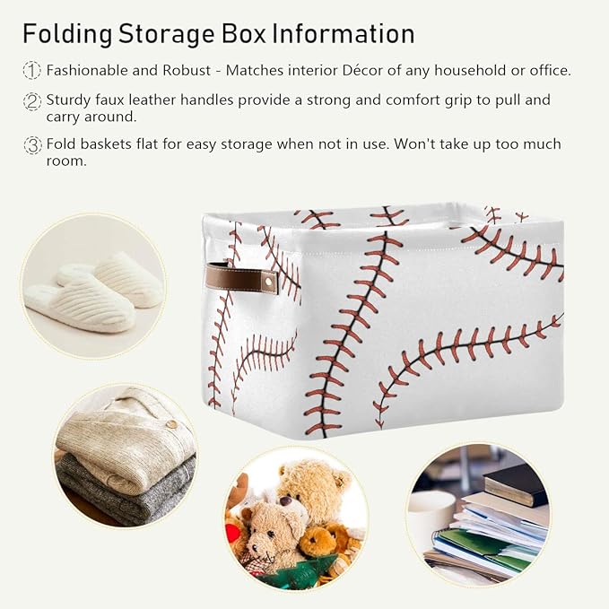 AUUXVA Baseball Storage Basket, Sports Theme Softball Large Storage Bins Box with Handles, Easter Gift Baskets Ideal for Baby Kids, Room Nursery Decor, Organizing Clothes, Toys, Books, Collapsible