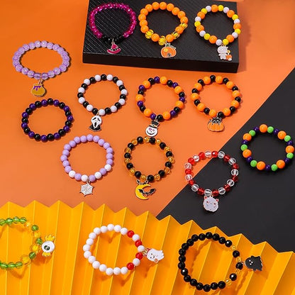 15PCs Halloween Bracelets Girls Boys Bracelets with Pumpkin Ghost Eyeball Clown Wizard Hat Skeleton Cat Halloween Pendants for Halloween Party Favors