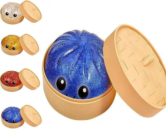 Glitter Dumpling Squishy, 2026 New Bun Squeeze Stress Relief Ball with Steamer Box for Stress Relief, More Surprises (Blue)
