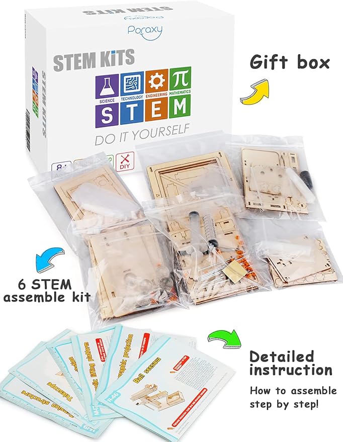 Poraxy 6 in 1 STEM Kits for Kids Age 8-10, Science Building Educational Experiment Projects 8-12, 3D Wooden Puzzles Crafts, Toys for Age 8-13, Gifts for Boys and Girls 6 7 8 9 10 11 12 13 Years Old