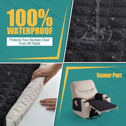 Ruaozz Waterproof Recliner Chair Covers Non Slip Chair Covers Washable Recliner Covers for Reclining Chair with Pockets Covers for Recliner Chair for Pets, Kids (Black, Medium-25'')