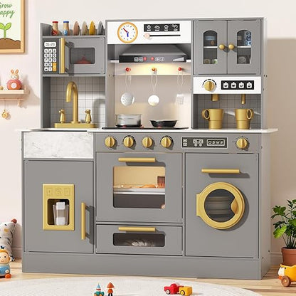 BIERUM Wooden Play Kitchen for Kids Ages 3-8 with Lights & Sounds, Pretend Play Kitchen Set with Stove, Ice Maker, Coffee Maker, Oven & Accessories, Toddler Kitchen Playset for Boys and Girls (Gray)