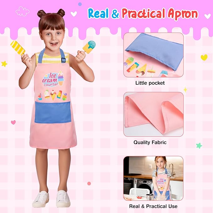 Meland Ice Cream Toy - Wooden Ice Cream Play Set with Aprons, Kids Toys for Toddlers Pretend Play, Toys for Girls Boys 3 4 5 6 7 Years Old Wooden Toys Play Store Playset for Kids Children Gift