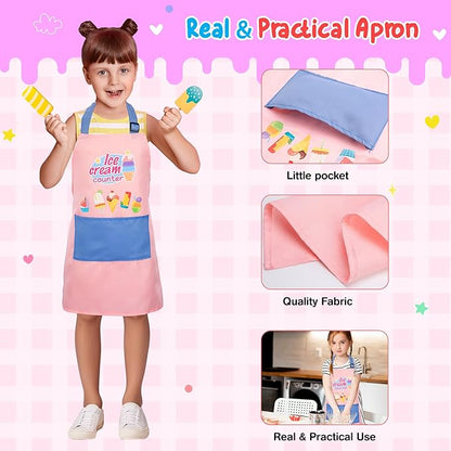 Meland Ice Cream Toy - Wooden Ice Cream Play Set with Aprons, Kids Toys for Toddlers Pretend Play, Toys for Girls Boys 3 4 5 6 7 Years Old Wooden Toys Play Store Playset for Kids Children Gift