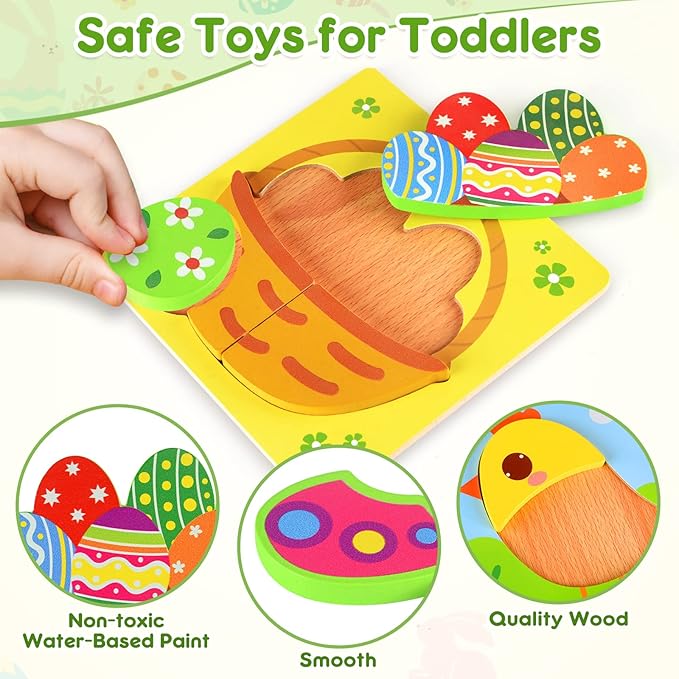 Easter Wooden Puzzles for Toddlers 1-3, Easter Basket Stuffers for Toddler, Easter Gifts for Babies Boys Girls, Easter Toys for 1 2 3 Year Old Learning, Educational Wood Animal Chunky Puzzles