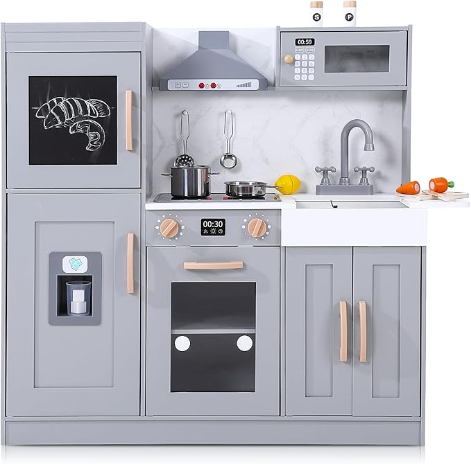 Grey Wooden Play Kitchen Set, Kitchen Playset with Cookware Accessories, Microwave, Oven, Sink, Real Lights & Sounds - Perfect for Chef Pretend Play