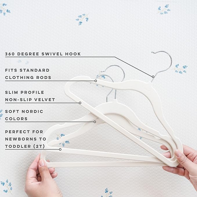 3 Sprouts Velvet Baby Hangers - Non-Slip Hanger for Infant, Toddler, Baby Clothes - Closet Kids Hangers with Slim Design, Nordic Colors, Pack of 30 - Beige