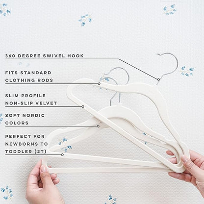 3 Sprouts Velvet Baby Hangers - Non-Slip Hanger for Infant, Toddler, Baby Clothes - Closet Kids Hangers with Slim Design, Nordic Colors, Pack of 30 - Beige