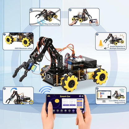 Smart Robot Arm Car Kit, 4WD Remote Control Car Compatible with Arduino IDE, Electronic Programming Project/STEM Education/Science Coding Kit for 16+ Teens and Adults Unique Gifts