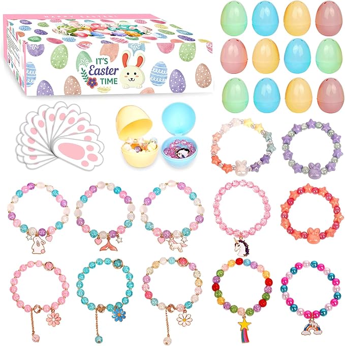Mason Life Easter Eggs Fillers with Bracelets, Easter Eggs with Toys, Party Favors for Girls, Easter Egg Stuffers for Toddler, Easter Egg Fillers Gifts, Easter Gifts for Kids, 12PCS