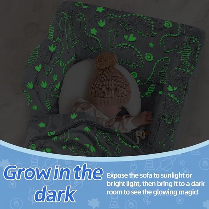 MeMoreCool Kids Dinosaur Couch, Foldable Toddler Chair, Glow in The Dark Convertible Sofa Bed, Fold Out Lounge for Boys Ages 1-3 in Playroom, Comfy Recliner Lounger (Grey)