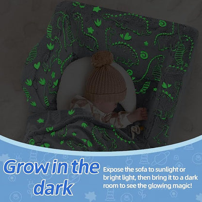 MeMoreCool Kids Dinosaur Couch, Foldable Toddler Chair, Glow in The Dark Convertible Sofa Bed, Fold Out Lounge for Boys Ages 1-3 in Playroom, Comfy Recliner Lounger (Grey)