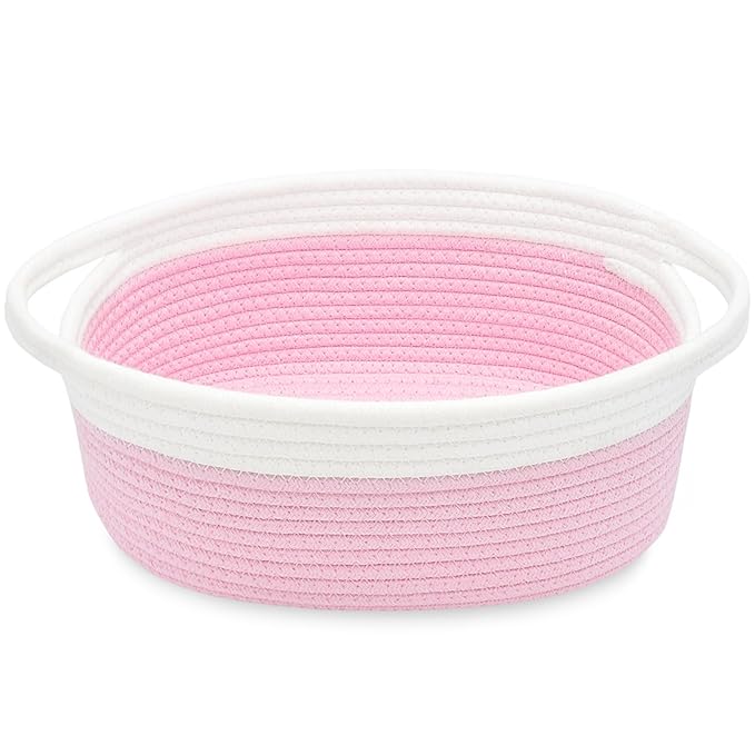 ABenkle Small Basket with Handles, Boho Decorative Rope Woven Dog Cat Toy Storage Bin Shelf Storage Organizer, Easter Christmas Gift Basket, 12"x8"x5", Pink