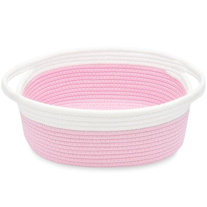 ABenkle Small Basket with Handles, Boho Decorative Rope Woven Dog Cat Toy Storage Bin Shelf Storage Organizer, Easter Christmas Gift Basket, 12"x8"x5", Pink