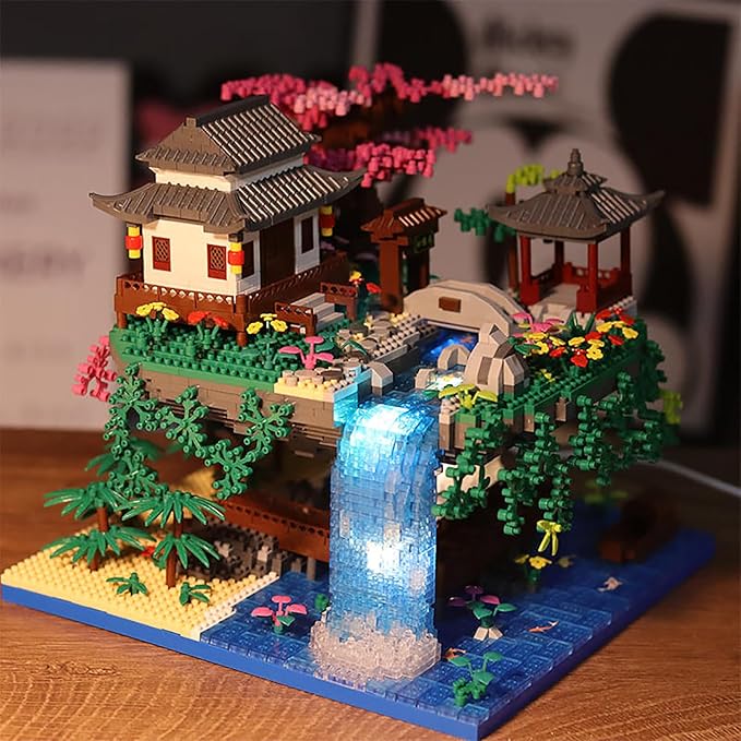 Peach Blossom Pond Micro Building Blocks Set Toys for Kids and Adults, Mini Cherry Bonsai Tree House with LED String Lights DIY Japanese Sakura Street Model Chinese Bricks Architecture Kit Teens Gift