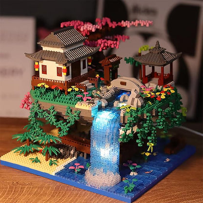 Peach Blossom Pond Micro Building Blocks Set Toys for Kids and Adults, Mini Cherry Bonsai Tree House with LED String Lights DIY Japanese Sakura Street Model Chinese Bricks Architecture Kit Teens Gift