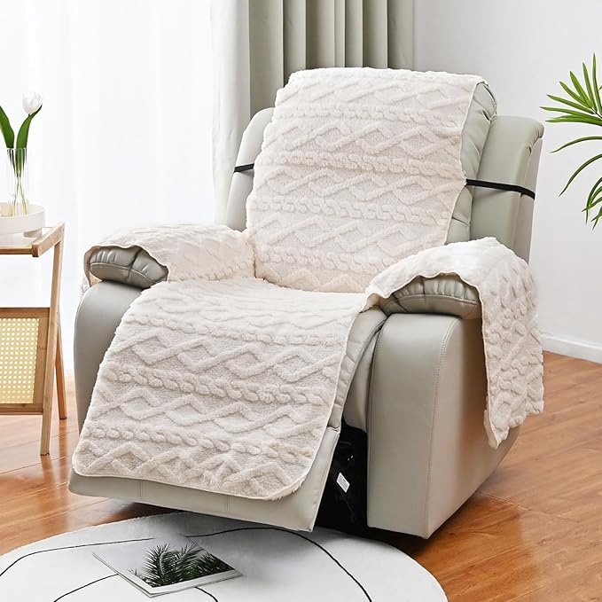 vctops Geometric Jacquard Plush Recliner Chair Cover Soft Fuzzy Fluffy Reclining Chair/Furniture Protector with Elastic Straps for Kids, Pets(Cream,21.7")