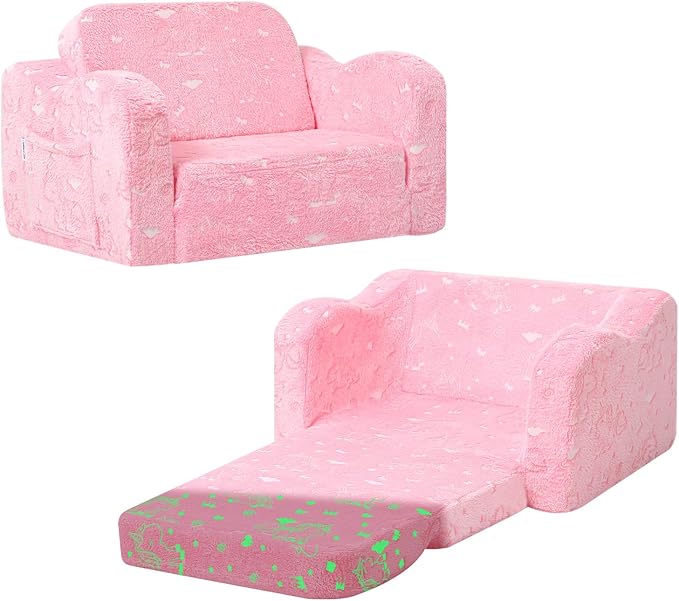 MeMoreCool Glow-in-The-Dark Unicorn Kids Couch – Soft Plush Folding Toddler Chair and Fold-Out Recliner for Boys and Girls
