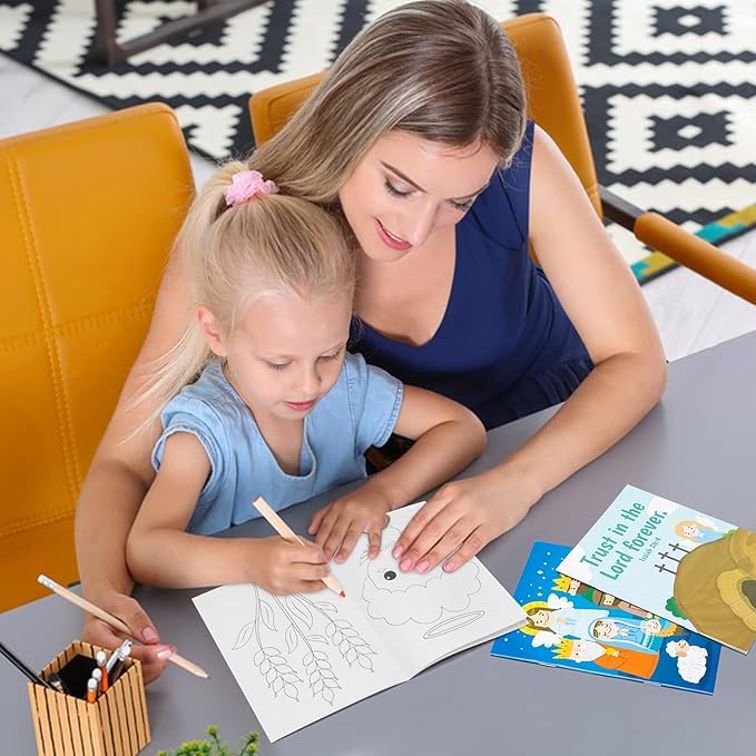 GROBRO7 24Pcs Christian Bible Coloring Books for Kids DIY Art Drawing Book with Angels Priests Churches Candles Crosses Patterns Color Booklets for Sunday School Classroom Rewards Goodie Bag