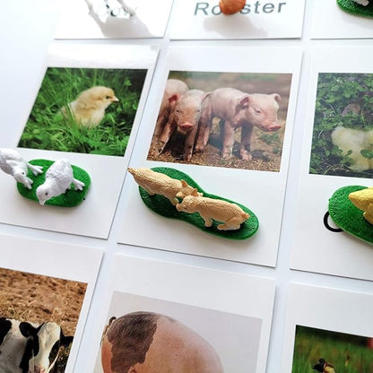 MEROCO Montessori Animal Match - Miniature Farm Animal Toy Figurines with Matching Cards Montessori Language Materials Preschool Learning Toy NEWT033