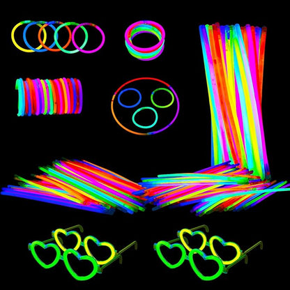 LOMIMOS Glow Sticks Party Pack,100 Glow Sticks(8") 20 Eye Glasses Glow in The Dark Party Supplies with Connectors for Bracelets Necklaces Kids