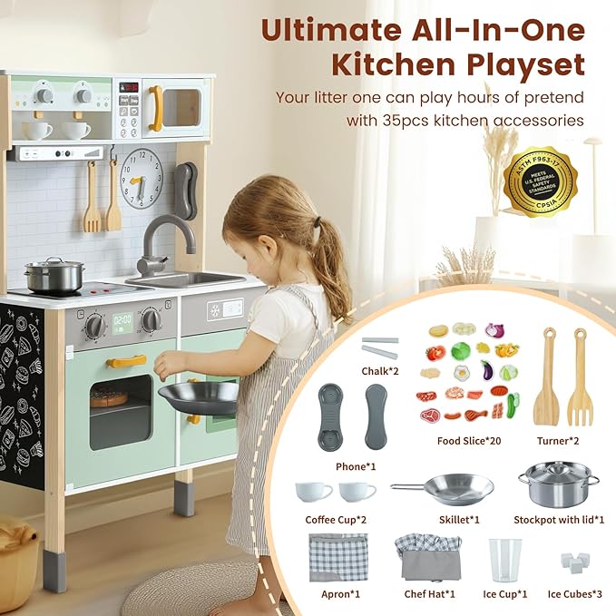 Play Kitchen Wooden Kids Kitchen Playset Pretending Toys for Toddlers with Real Lights & Sounds, 3 Heights Adjustable, Chalkboard, 35Pcs Toy Food & Cookware Accessories-Green