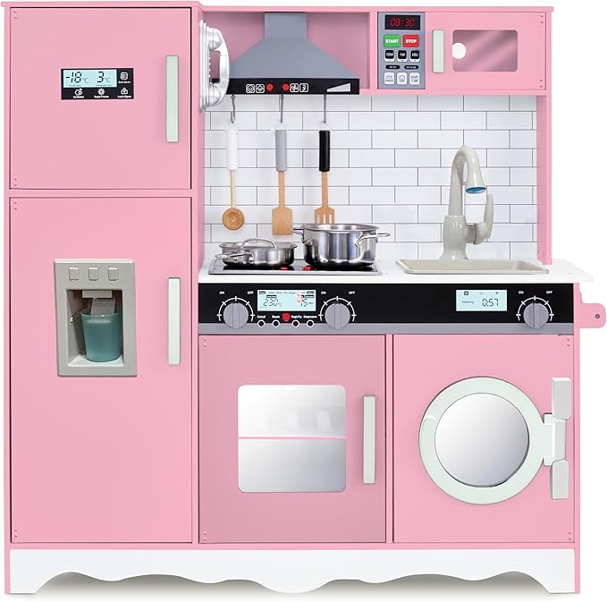 Lil’ Jumbl Kids Pink Kitchen Set, Pretend Wooden Play Kitchen, Battery Operated Icemaker, Microwave, Range Hood, Stove Top, Oven, with Realistic Sound & Lights, Pots, Pan, & Utensils Included