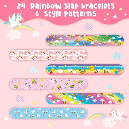 Junkin 24 Pcs Rainbow Party Favor Rainbow Slap Bracelets for Kids Wristbands Bracelets Cloud Party Favor Unicorn Rainbow Party Decoration Girl Boy Kid Baby Shower Party Supplies Magical Party (Lovely)