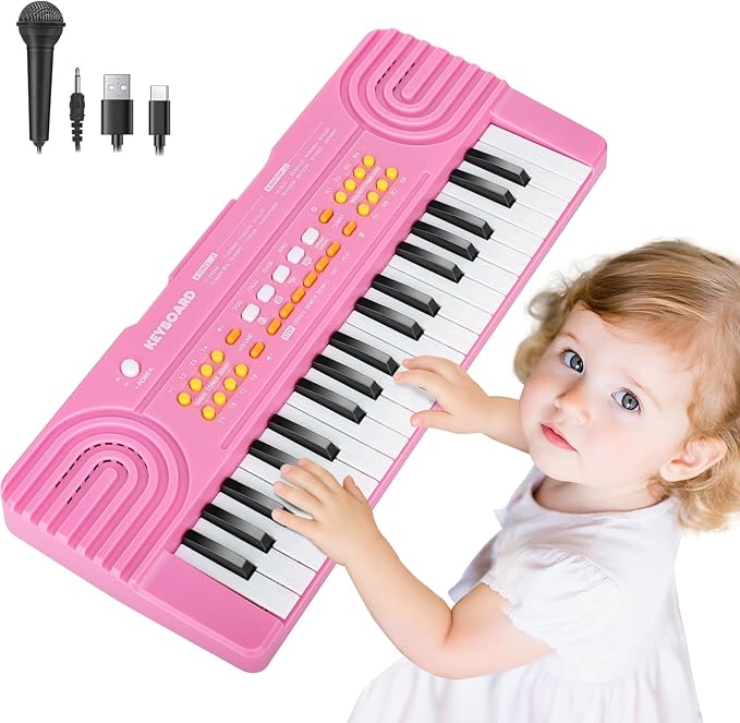 Upgraded Piano Keyboard Kids Toy for 4 Year Old Girl Birthday Gift 37 Key Pink Pianos with Microphone Toddler First Music Instrument Toys for 3 4 5 6 7 Year Old Boys Girls Gifts