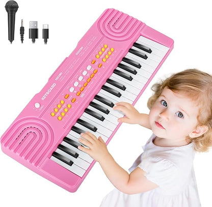 Upgraded Piano Keyboard Kids Toy for 4 Year Old Girl Birthday Gift 37 Key Pink Pianos with Microphone Toddler First Music Instrument Toys for 3 4 5 6 7 Year Old Boys Girls Gifts