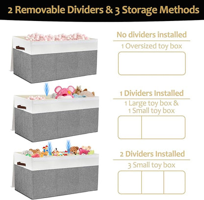 Gowee Extra Large Toy Storage Box with Lid, Sturdy Toys Storage Chest Bin Organizer Basket with Dividers for Kids, Boys, Girls, Nursery, Closet, Bedroom, Playroom 35.5"x17" x17"(Grey and White)