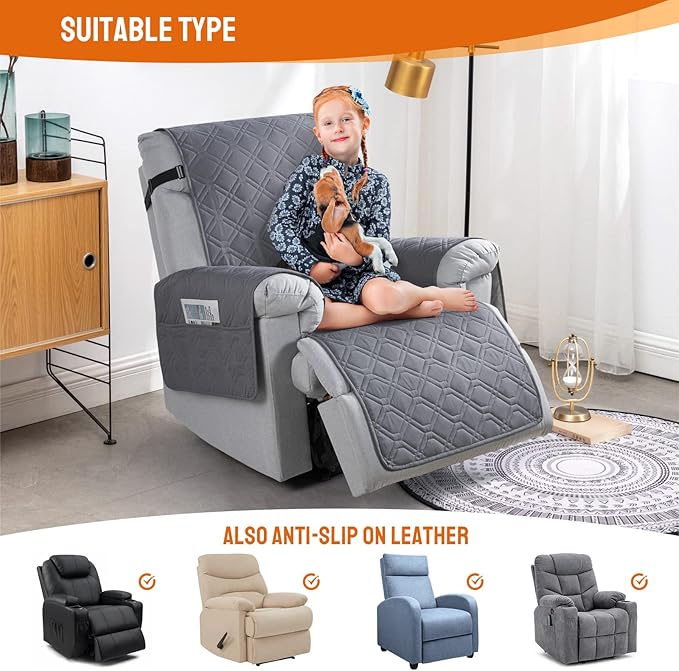 VANSOFY 100% Waterproof Recliner Chair Covers, Recliner Cover Non-Slip Dog Chair Cover Furniture Protector Washable Slipcover with Pocket, Elastic Straps for Pets, Dogs(Dark Gray, 28")