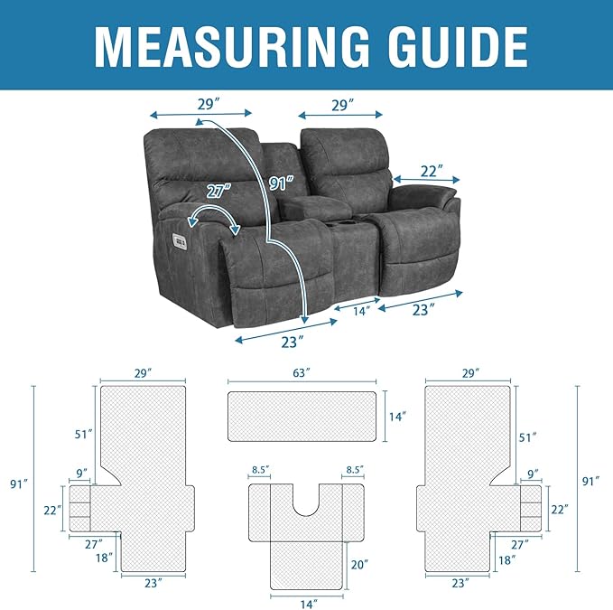 H.VERSAILTEX 100% Waterproof Loveseat Recliner Cover with Center Console Anti Slip Reclining Loveseat Cover with Adjustable Elastic Straps (Recliner Loveseat with Console, Rocket Gray)