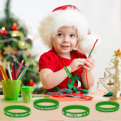 Morcheiong 42 Pieces Christmas Rubber Bracelets 7 Classic Design Silicone Wristbands for Merry Xmas Party Favors (Green)
