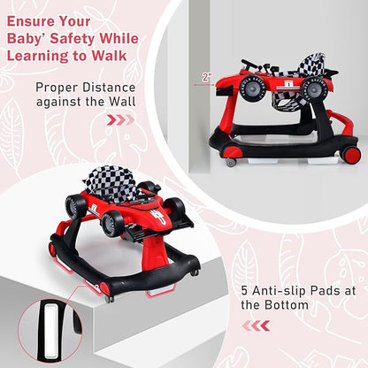 GLACER Foldable Baby Walker, 4-in-1 Infant Walker with Adjustable Height & Speed, Music, Light, Steering Wheel & Washable Cushion, Baby Walker Activity Center for Boys Girls 6 –18 Months (Red)
