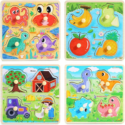 GRINNNIE Wooden Toddler Puzzles, 1 2 3 Years Old Learning Montessori Peg Puzzle Toy Set for Toddlers, 4 Pcs Educational Portable Size Travel Knob Puzzle Toys, Gift for 1-3 Boy Girl Birthday Christmas