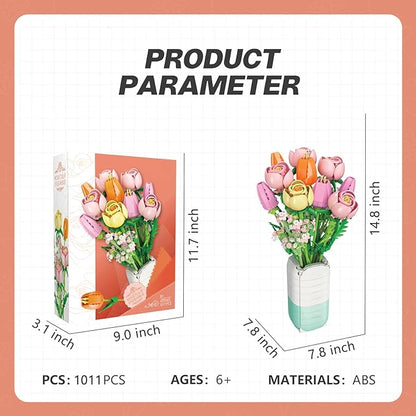Flowers Bouquet Building Set - Christmas, Mother's Day, Valentine's, or Birthday Gift Ideal for Adult, Women, Girls and Boys, Compatible with Lego Flower, Tulips Toy Building Block with Vase(1011 PCS)