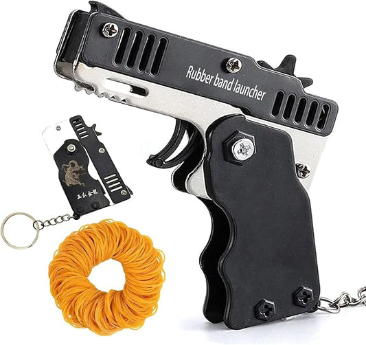 Kids Toys Cool Keychain Rubber Band Mini Metal Folding Rubber Launcher Toy with 60 Elastic Rubber Bands for Game Outdoor Activities (Black)