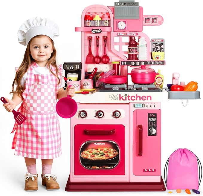 Kids Kitchen Playset, 27.1 Inches Play Kitchen with Sound and Light, Kitchen Set for Toddlers 1-3 3-5, Cooking Stove, Play Sink and Kitchen Accessories, Toddler Kitchen Playset(Pink)
