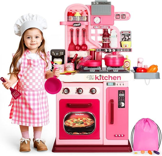 Kids Kitchen Playset, 27.1 Inches Play Kitchen with Sound and Light, Kitchen Set for Toddlers 1-3 3-5, Cooking Stove, Play Sink and Kitchen Accessories, Toddler Kitchen Playset(Pink)